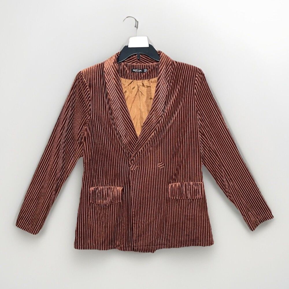 Nasty Gal Blazer Jacket Ribbed Velvet Double Breasted Brown Bronze Size 8
